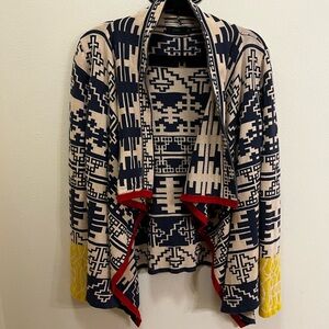 THML Navy and Cream Geometric Cardigan with Red Trim